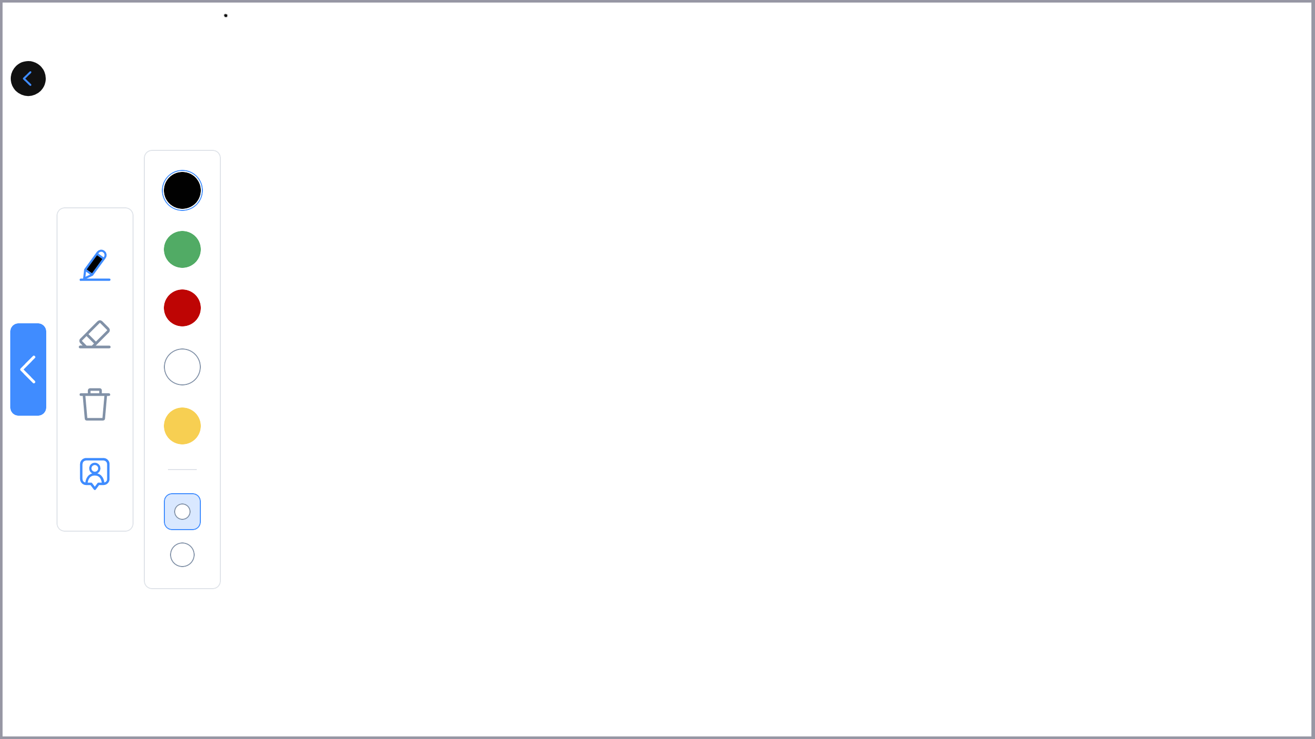 The whiteboard with pen annotation tool and its options open.